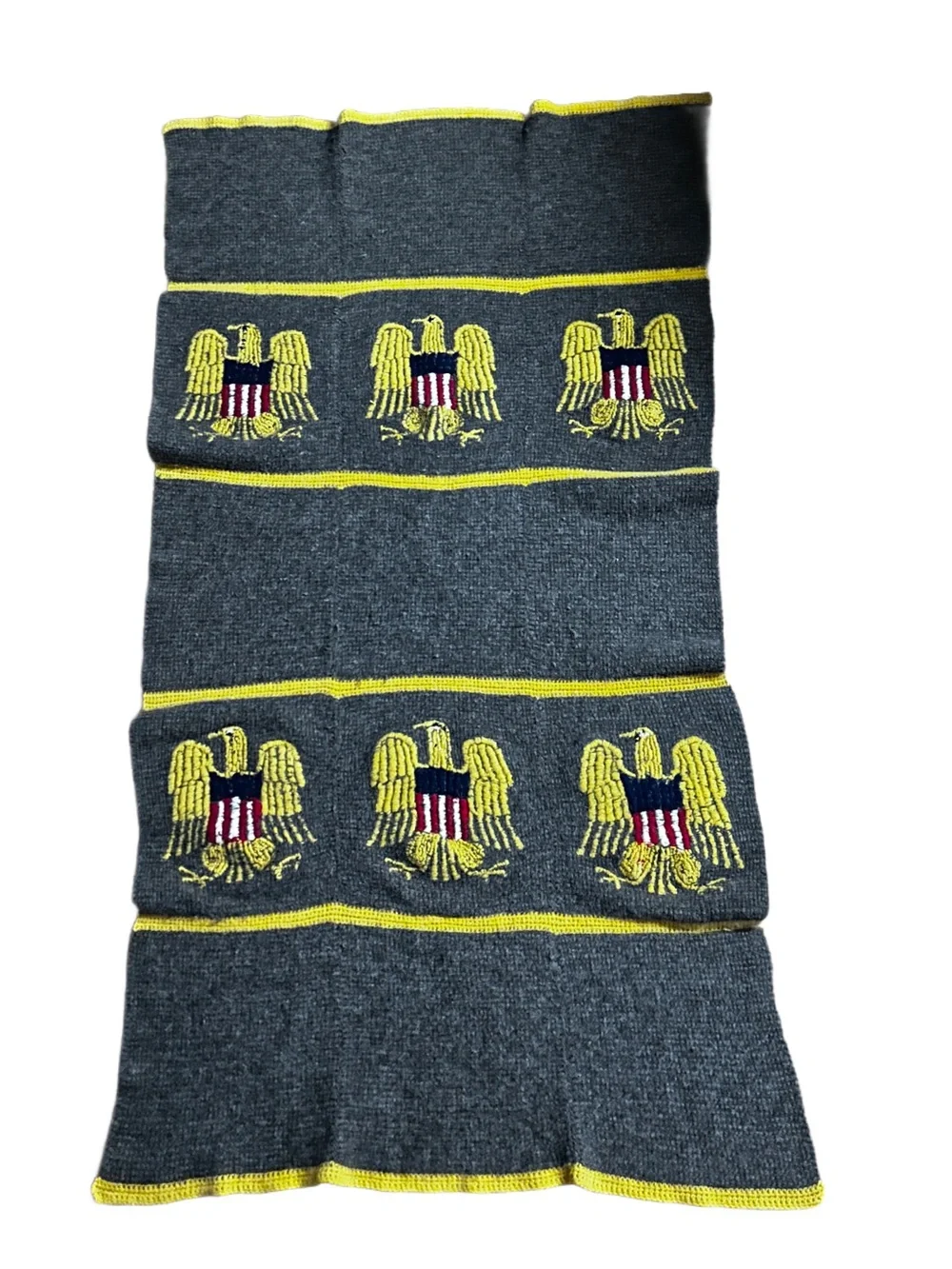 Handmade ~ Vintage ~ Gray ~ Patriotic/ Army Gold Eagle Embroidery ~ Wool Blanket